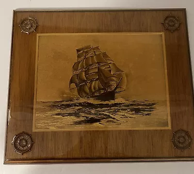 Gold Foil Ship Sailboat At Sea Framed Picture Foil Art Specialties USA Vintage • $25