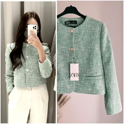 Zara Textured Crop Blazer Green / Ecru Xl Nwt • $89