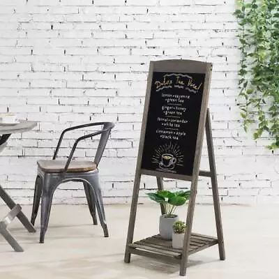 45-inch Gray Wood A-Frame Sidewalk Chalkboard Menu Sign W/ Bottom Display Shelf • $77.99