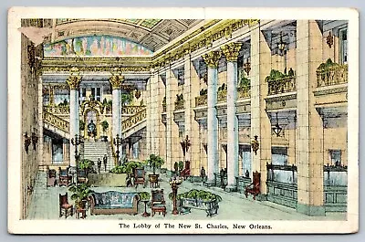 Lobby St. Charles W/ Old Mammy Pralines Ad Hotel New Orleans Louisiana  Postcard • $10