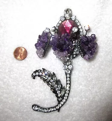 Lawrence Vrba Amethyst Flower Brooch Pin Signed Vintage XL Runway Couture Superb • $450