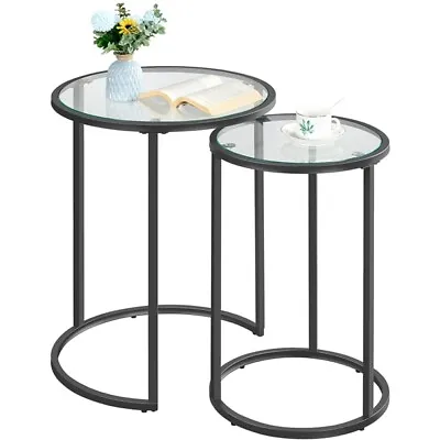 £47.99 • Buy Round Nesting Coffee Table Set, Stacking Sofa Side Table With Glass Top, Black