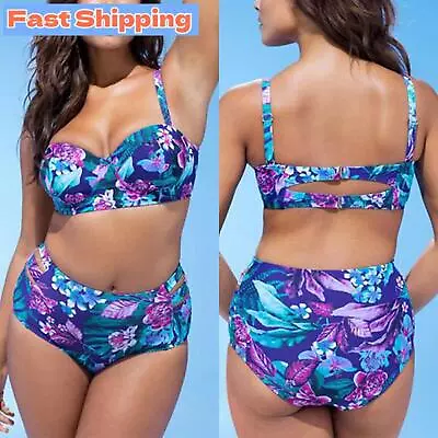 Beach SwimwearPlus Size Women Floral High Waist Bikini Set Padded BraSwimsuit • £12.99