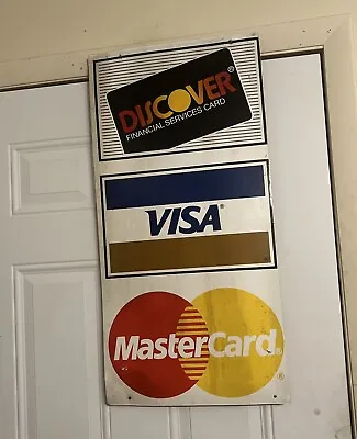 Vtg 70/80s DiscoverVisaMastercard Credit Card Metal Retail  2-Sided Sign • $49.99