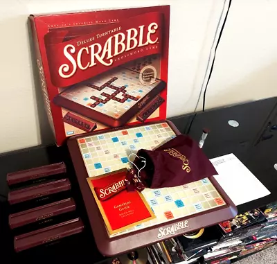 Scrabble Deluxe Turntable Edition 2001 Burgundy Wood Tiles-  100% Complete • $42