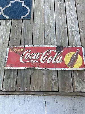 VTG Metal Drink Coca Cola Advertising Sign 11”x34.5” Robertson 1940 Bottle Soda • $165