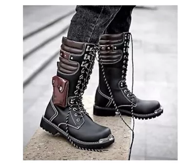 Combat Military Motorcycle Mens Mid Calf Boots Riding Punk Lace Up Casual Boots • $55.25