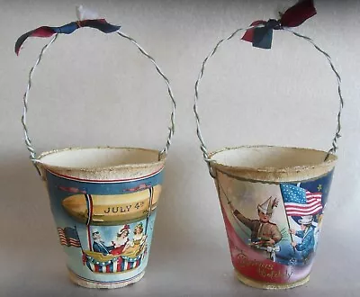 Vintage 2 Paper Mache Victorian Patriotic 4th Of JULY Pail Basket Bucket FRANCE • $52