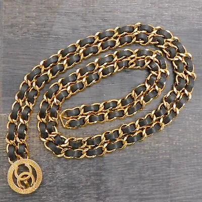 CHANEL Gold Plated Black Leather CC Logos Charm Vintage Chain Belt #467c Rise-on • £540.92