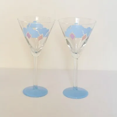 2 Vintage 80s Cocktail Martini Kites Clouds Pastel Blue Glasses Retro • £25