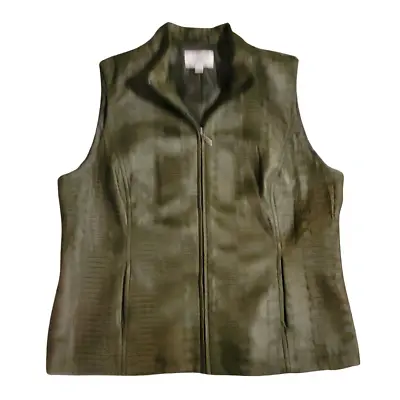 Erin London Vest Size Large Zip Front Olive Green Floral Lined With Pockets • $9