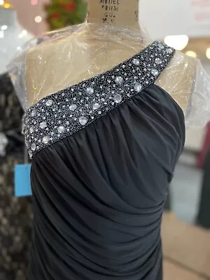 Thea Dora Black Beaded One Shoulder Evening Cocktail Prom Stretch Dress Size 18 • $150