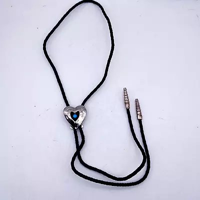 Silver Heart With Turquoise Black Leather Bolo Tie • $24.65