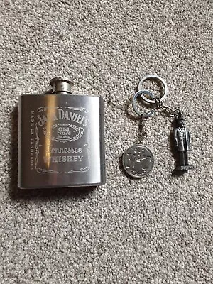 Jack Daniels Stainless Steel Hip Flask & Key-ring Set • £9