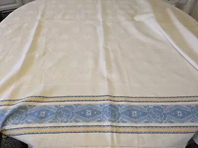 Vintage Tablecloth White With Blue & Yellow Band 50  By 56  • $2.99