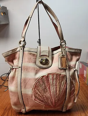 COACH AUDREY Nautical Beaded Sea Shell Canvas Tote Shoulder Bag Purse • $100