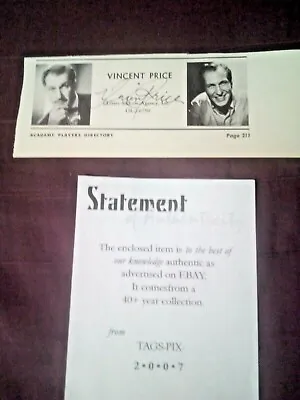 Vincent Price Autographed W/doc. • $105