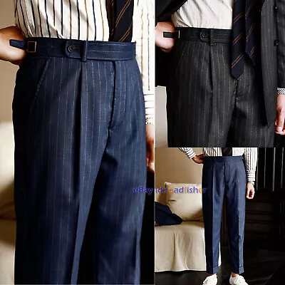 Striped Pleated Naples Pants Men's Business Suit Pants Casual Slacks Straight • $51.70