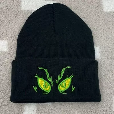 GRINCH EYES  Black Beanie Embroidered In Green And Yellow • $19.99