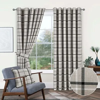 Hudson Woven Checked Design Ring Top Curtains (Pair Of) - Blue Grey & Red • £9