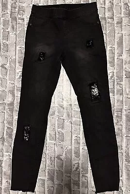 Justice Girls Black Jeans Denim Jeggings Distressed Pull On  Size 14 Mid Rise • $17.95