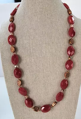 Vintage Red Agate Beaded Necklace 21 In Copper Spacers Toggle Clasp • $35
