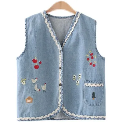 Women Denim Waistcoat Vest Cute Embroidery Lace Jeans Tops Japanese Preppy • $30.68