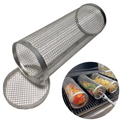 BBQ Basket Grilling Wire Mesh Cylinder Portable Outdoor Camping Barbecue Rack • $26.80