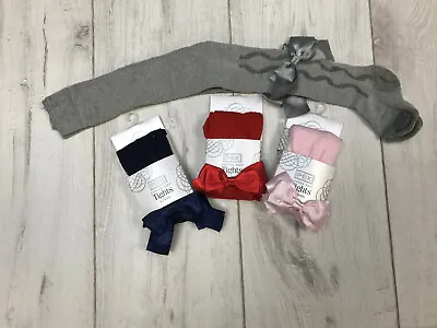 £6.50 • Buy Spanish / Romany Bow Tights, Wave Detail, 0-3M To 3 Years, Red, Pink, Navy, Grey