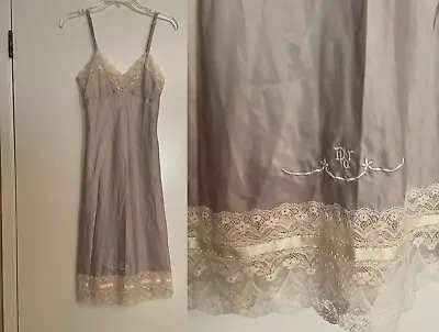 Vtg Christian Dior SILKY SATIN Full Slip Nightgown Dress 32 Floral Lace Taupe • $109.99