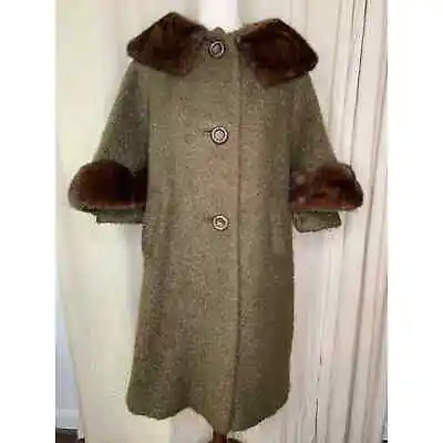 Vintage 1950s Ronnie New York Olive Curly Wool Scallop Mink Fur Swing Peacoat L • $200