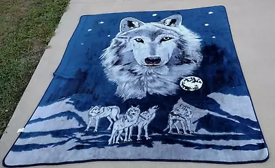 Vintage Wolves & Moon Stars Blue Blanket Approximately 87  By 76  Just Washed • $100