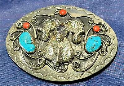 Vintage Ram Belt Buckle Turquoise Coral Silver Tone Southwest / Native Style • $47.99