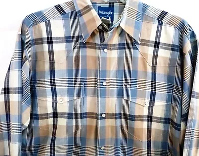 Wrangler-Mens Western Cowboy Pearl Snap Shirt-Large-100% Cotton Blue/Tan Plaid • $19.99