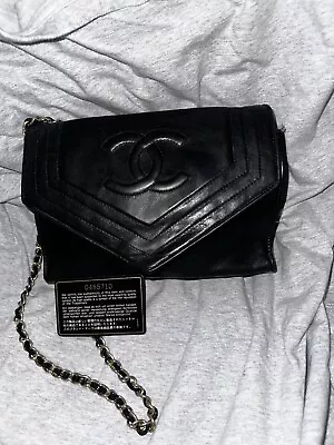 $1180 • Buy Vintage Black Chanel Lambskin Leather Flap Envelope Shoulder Bag Purse *Rare*