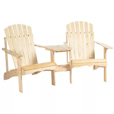 Wooden Double Adirondack Chairs Loveseat & Center Table & Umbrella Hole Natural • £144.63