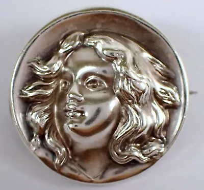 RARE Antique Art Nouveau Lady Woman 3D Raised Profile Sterling Silver Brooch Pin • $45