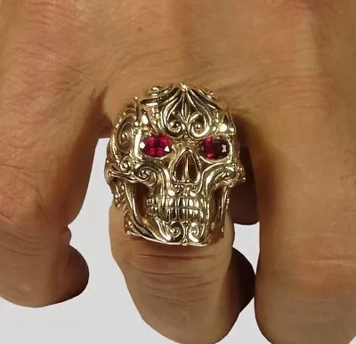 Mexican Sugar Skull 925 Sterling Silver Gold Plated Ring Biker Memento Mori Ruby • $189