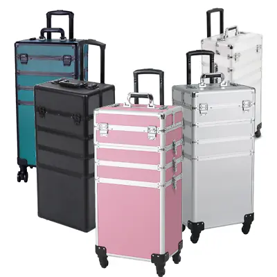 4 In 1 Rolling Aluminum Makeup Train Case Salon Cosmetic Trolley Organizer Box • $110.91