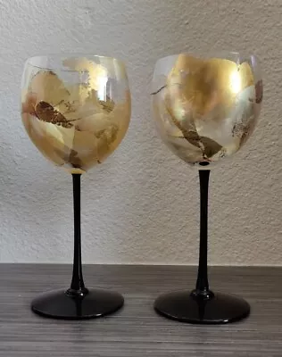 Randy Strong American Studio Vintage Wine Glass Handblown Gold Leaf Black Pair 2 • $160