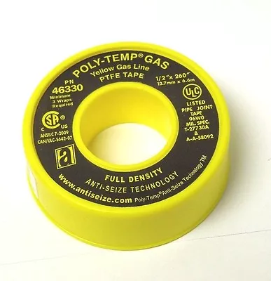 Anti-Seize 46330 POLY-TEMP® Yellow Gas Line PTFE Tape 1/2  X 260  048ER05 • $11.09