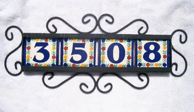 4 Mexican 4x4 House Numbers Tiles With Horizontal Iron Frame • $39