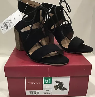 Merona Harriett Black  Faux Suede 3”Heel Sandals Open Toe Lace Front Sz 5.5 NEW • $6.80