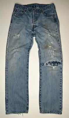 Vintage Levi’s Levis 501 Button Fly Distressed Sashiko Mend Denim Jeans 33 X 31* • $50