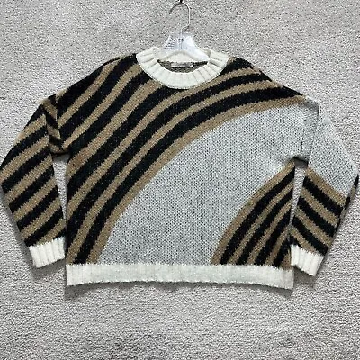 Niccolai Sweater Womens Medium Black Brown Gray Mohair Italy Stripe Crew Comfy • $26.73