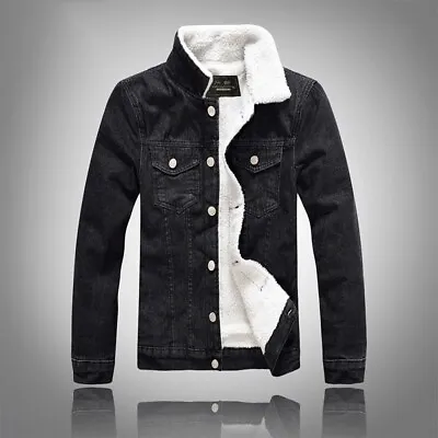 Men Denim Jacket Winter Coat Slim Fur Jean Tops Warmer Thick Outerwear Casual • $99.68