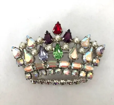 Vintage B. David Mother's Crown Rhinestones & Faux Pearl Brooch Pin • $24