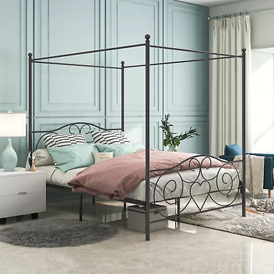 Queen Metal Canopy Bed Frame WIth Headboard & Footboard Platform Four Poster Bed • $189.99