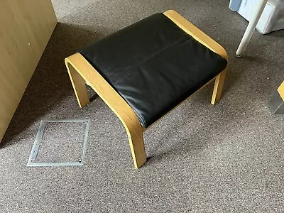 IKEA POÄNG Oak Veneer And Black Leather Footstool • £69.99