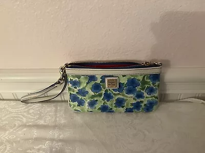 Dooney & Bourke Blue Petunia Floral Flower Coated Cotton & Leather Wristlet • $45